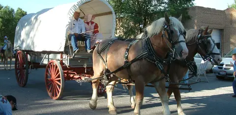 A covered wagon pulled by two horses on a street.