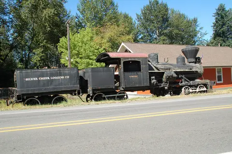 Roadside locomotive in Elbe, Road to Rainier Scenic Byway.