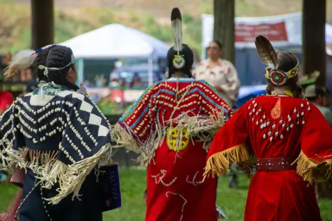 Three people in traditional regalia viewed from behind.