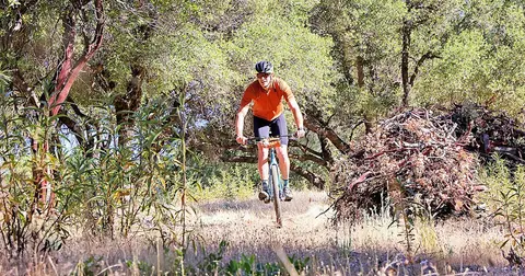 A cyclist rides a bicycle along a dirt trail through trees and brush.