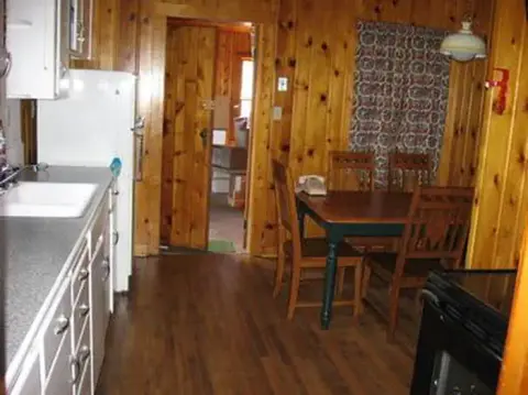 An interior shot of a rustic kitchen with wood paneling.
