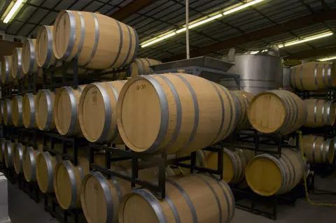 Wooden barrels are stacked on metal racks inside a building.