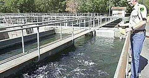 A worker stands by outdoor concrete water channels at a facility.