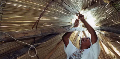 A person working on the thatched roof of a structure.