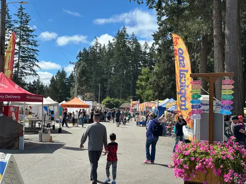 A crowd of people enjoying an outdoor fair with tents and trees.