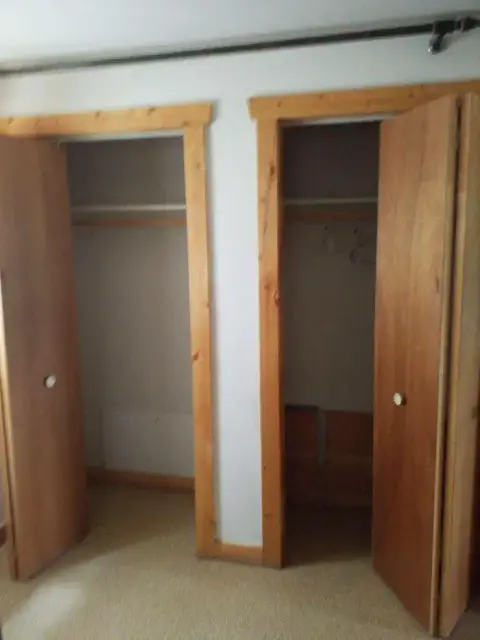 A photo showing two closets with wooden trim.