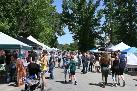 A crowded outdoor street market features numerous tents and people walking along the road.