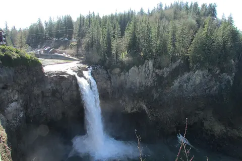 A waterfall plunges over a rocky cliff into a pool below, surrounded by a dense evergreen forest.
