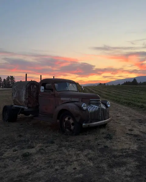 An old rusty truck parked in a field at sunset.