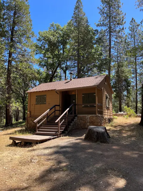A cabin nestled among tall trees with a wooden staircase leading to the entrance.