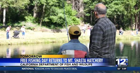 A person and a child fishing by a body of water with a news broadcast graphic overlay.