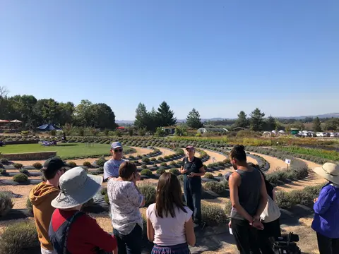 A group of people gather in a field with curved planted rows under a clear blue sky.