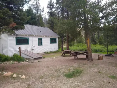 A white cabin with green trim sits among pine trees and picnic tables.