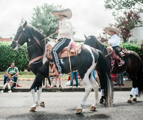 Two riders in traditional charro outfits ride horses down a street.