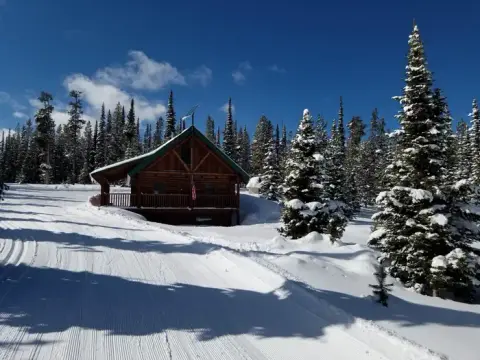 A log cabin in a snowy forest under a clear blue sky.