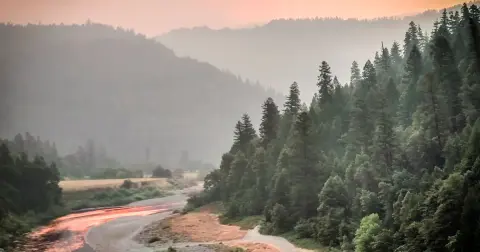 A river winds through a densely forested valley under a hazy sky.
