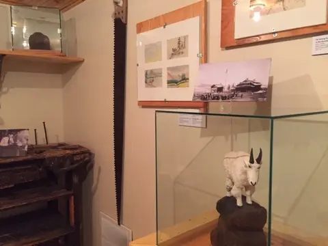 An interior museum exhibit displays historical items, artwork, and a model mountain goat.