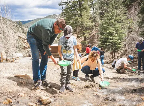 People pan for gold in a stream outdoors.