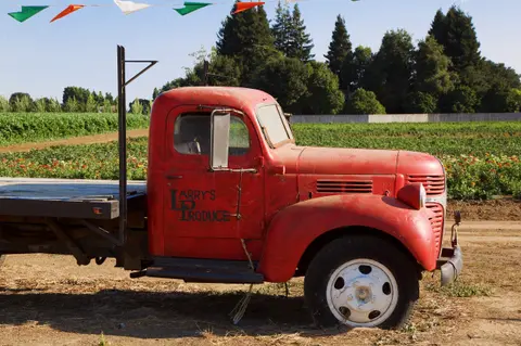 A vintage red flatbed truck parked near a farm field.