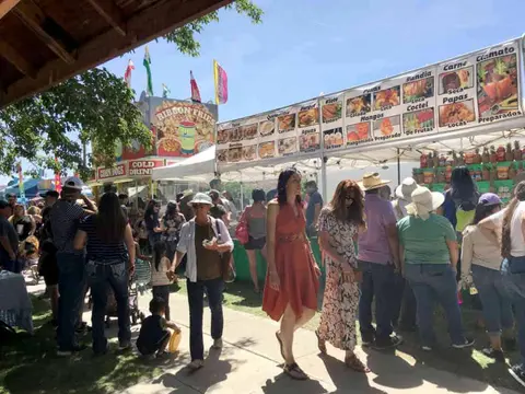 People walking past food booths at an outdoor event.