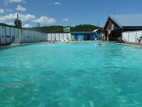 People swimming in an outdoor pool on a sunny day.