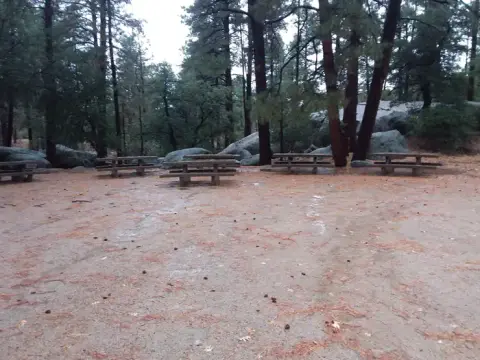 Picnic tables are set up in a clearing among pine trees and large boulders.