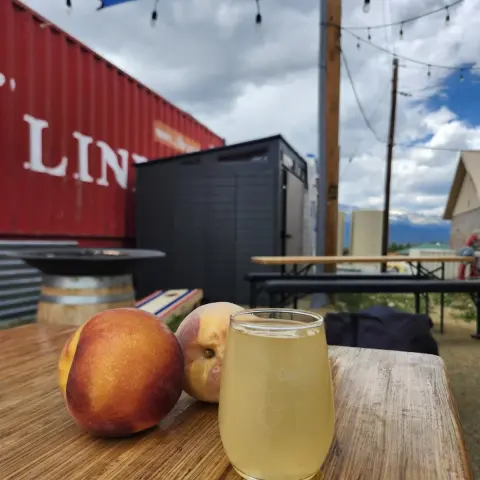 A glass of cider and two peaches sit on an outdoor wooden table.