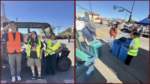 Two photos show people in high-visibility vests participating in an outdoor community event.