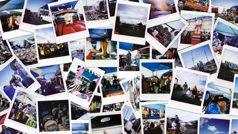 A collage of many Polaroid-style photographs showing scenes from an outdoor market or festival.