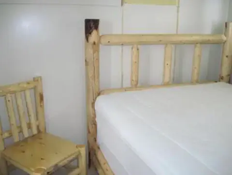 A log-style wooden bed and chair inside a room.