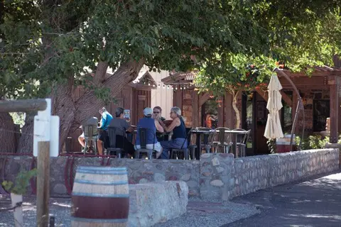 People dining outdoors under a large tree next to a stone wall.
