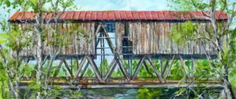 A painting of a covered bridge surrounded by trees.