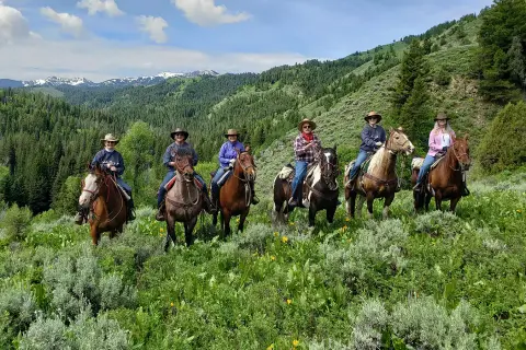 A group of people riding horses through a lush green mountain landscape.