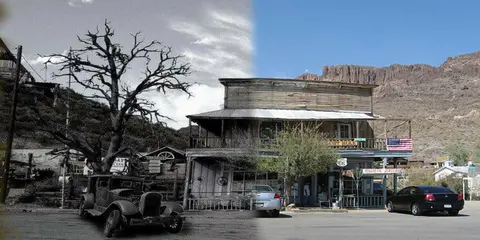 A split image showing a historic photo on the left and a modern photo on the right of the same western building.