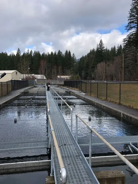 A person walks along a metal walkway between outdoor water raceways.