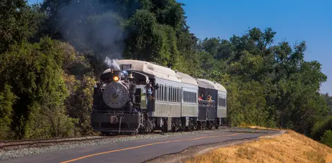 A steam train travels on tracks alongside a paved road with trees in the background.