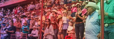 A large crowd of people in western attire watch an event from stadium seating.