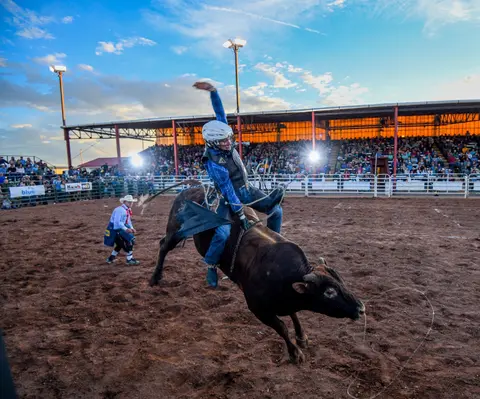 A cowboy rides a bucking bull in an arena with spectators in the background.