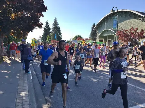 A crowd of people participating in a road race on a sunny day.