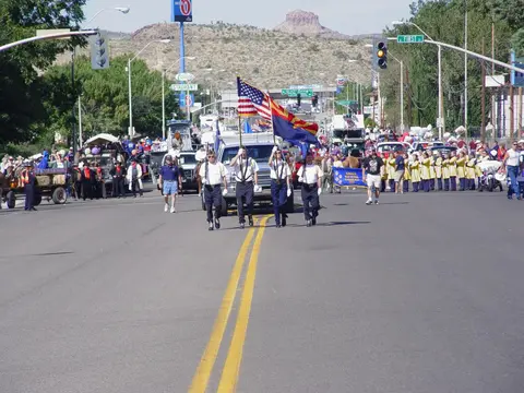 A color photograph of a parade marching down a street with people carrying flags.