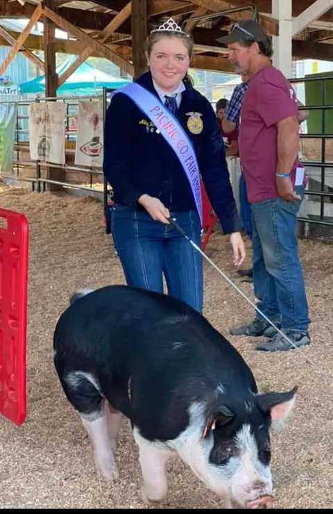 A young woman showing a pig at a fair.