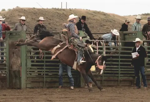 A cowboy rides a bucking horse at a rodeo arena.