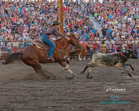 A woman on a horse ropes a calf in an arena filled with spectators.
