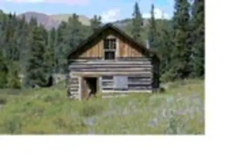 A log cabin sits in a grassy clearing with trees and mountains in the background.