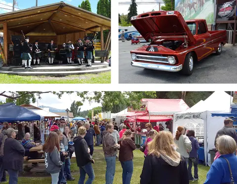 A collage shows people enjoying an outdoor festival with music, a classic truck, and food booths.