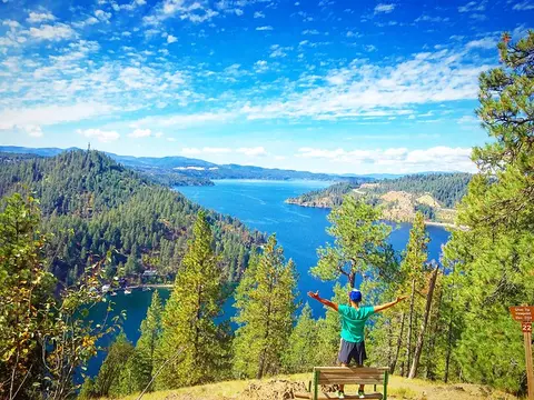 A person with arms raised stands on a bench overlooking a lake and forested mountains.