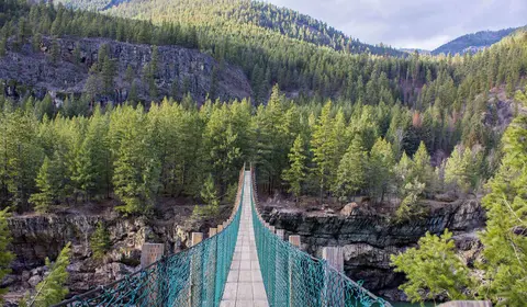 A suspension bridge spans a gorge surrounded by evergreen forests and mountains.