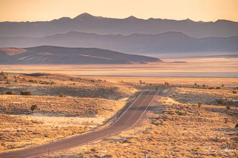 The Loneliest Road in America at sunset.