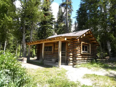 A log cabin sits among trees in a forest.