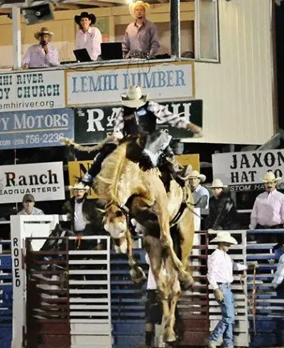 A cowboy rides a bucking horse at a rodeo arena.